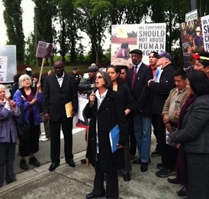 Leanne Grossman addressing the crowd outside of Chevron's headquarters, following the annual shareholder meeting on May 25, 2011. Courtesy of Susan Katz.