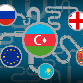Graphic of Azerbaijan's natural gas pipelines to the EU, Russia, Georgia, Turkmenistan, and Kazakhstan.