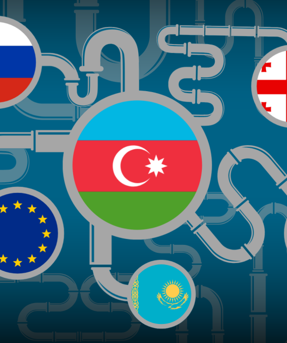 Graphic of Azerbaijan's natural gas pipelines to the EU, Russia, Georgia, Turkmenistan, and Kazakhstan.